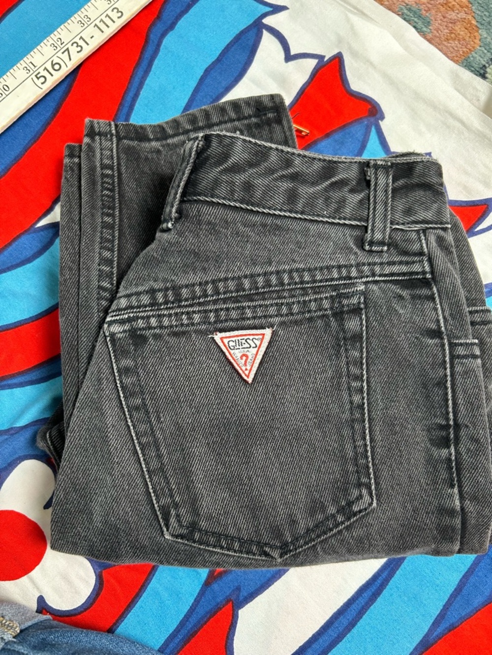 GUESS Vintage Black Washed Denim Jeans with Red Triangle Logo